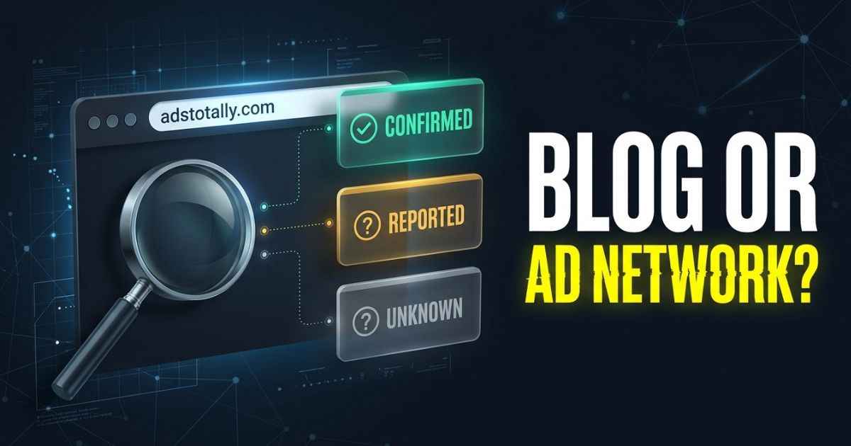 Adstotally.com review graphic showing a browser window and confirmed, reported, and unknown evidence cards.