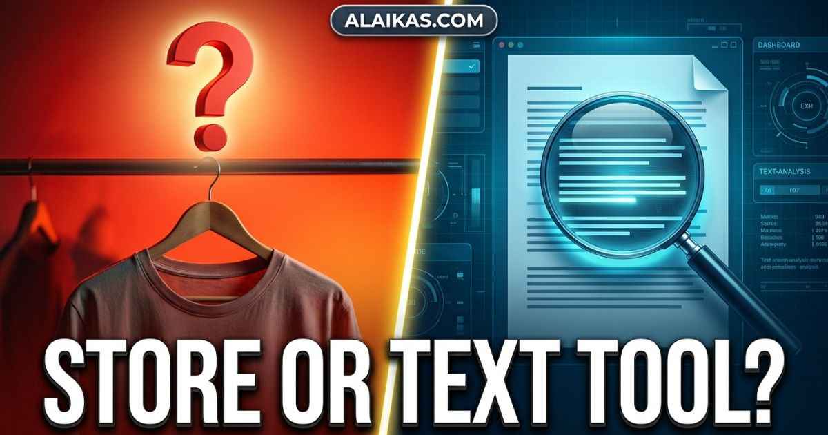 Split image comparing a clothes hanger with a question mark and a text analyzer for Alaikas.com USA customers.