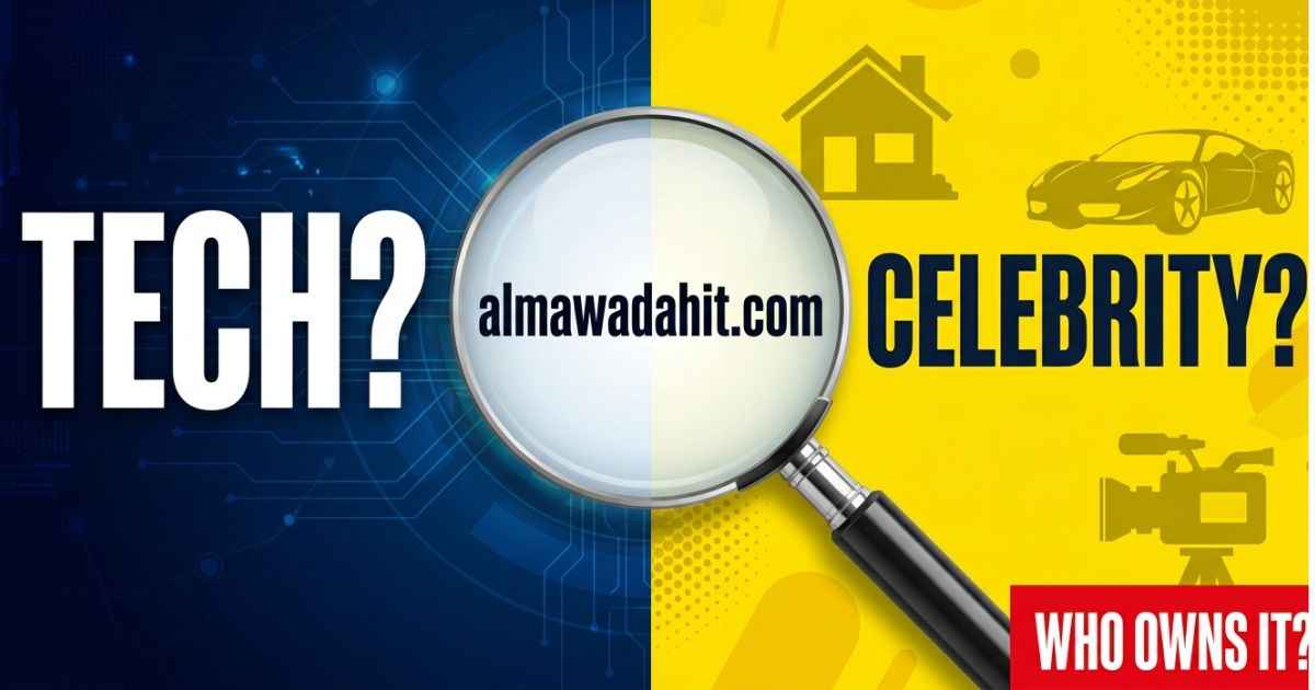 Split image asking if almawadahit.com is a tech site or a celebrity site, with a magnifying glass over the domain name
