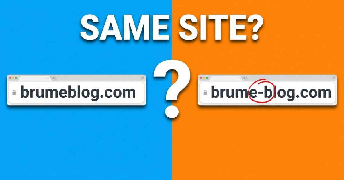 Two browser address bars comparing brumeblog.com and brume-blog.com, with the hyphen circled and a question mark between them.