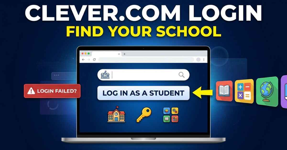 Clever.com login guide graphic showing a student login button and school search concept.