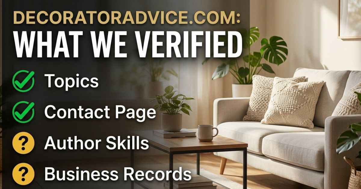 Checklist graphic for a DecoratorAdvice.com review showing verified and unconfirmed items