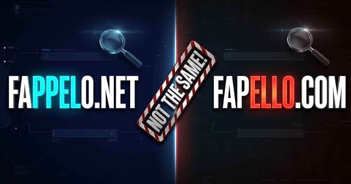 Split-screen graphic comparing Fappelo.net and Fapello.com, highlighting their different spellings.