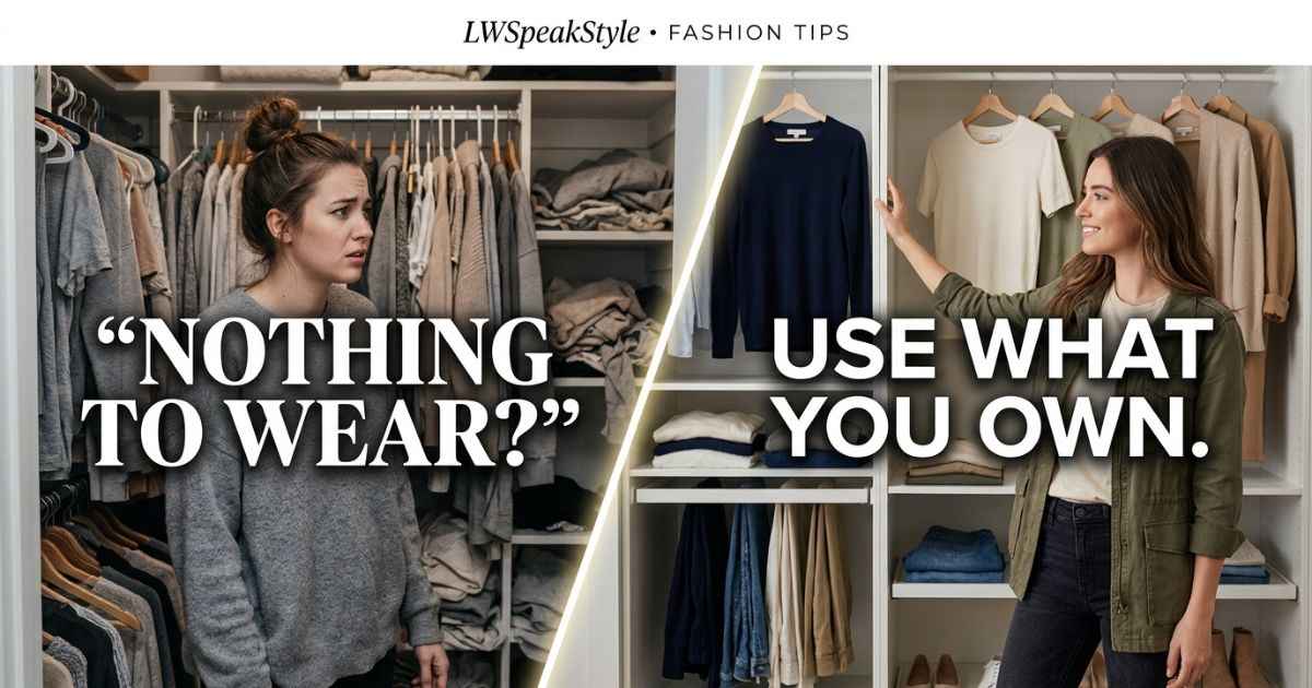 Split-screen showing a crowded closet beside three coordinated everyday outfits made from clothes already owned.