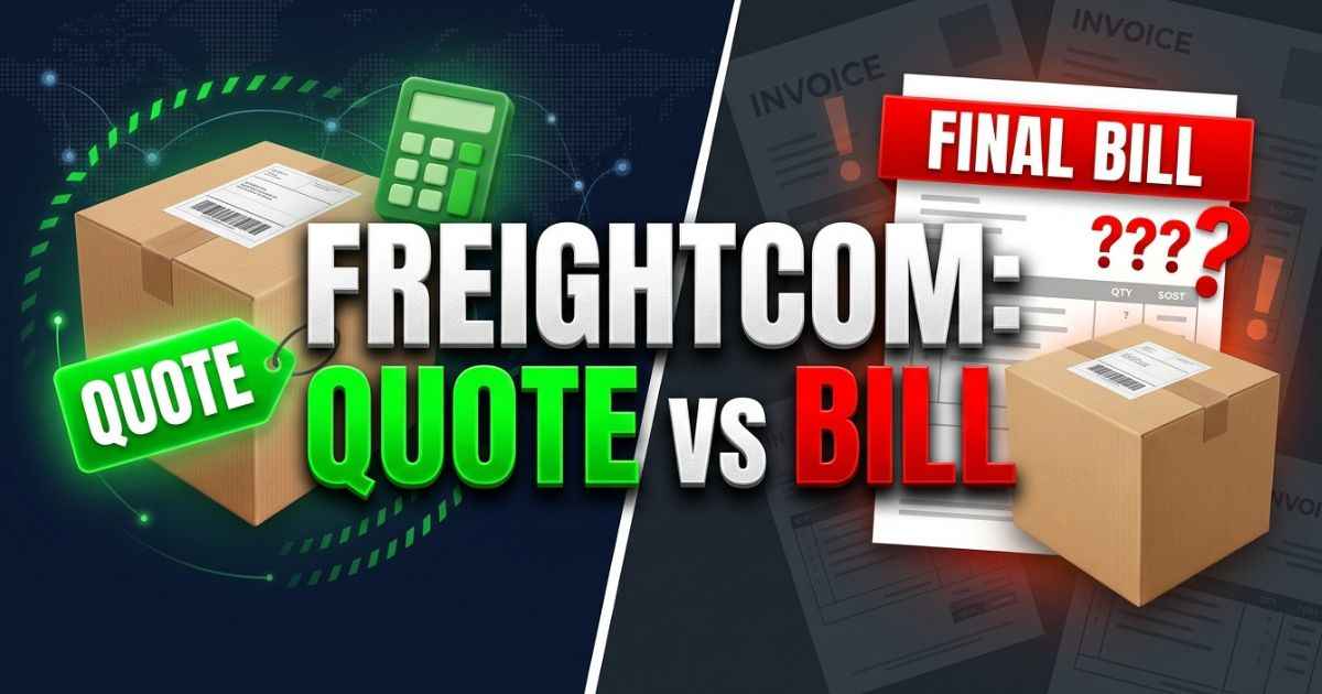 Freightcom review graphic comparing a shipping quote with a final bill and possible extra charges.