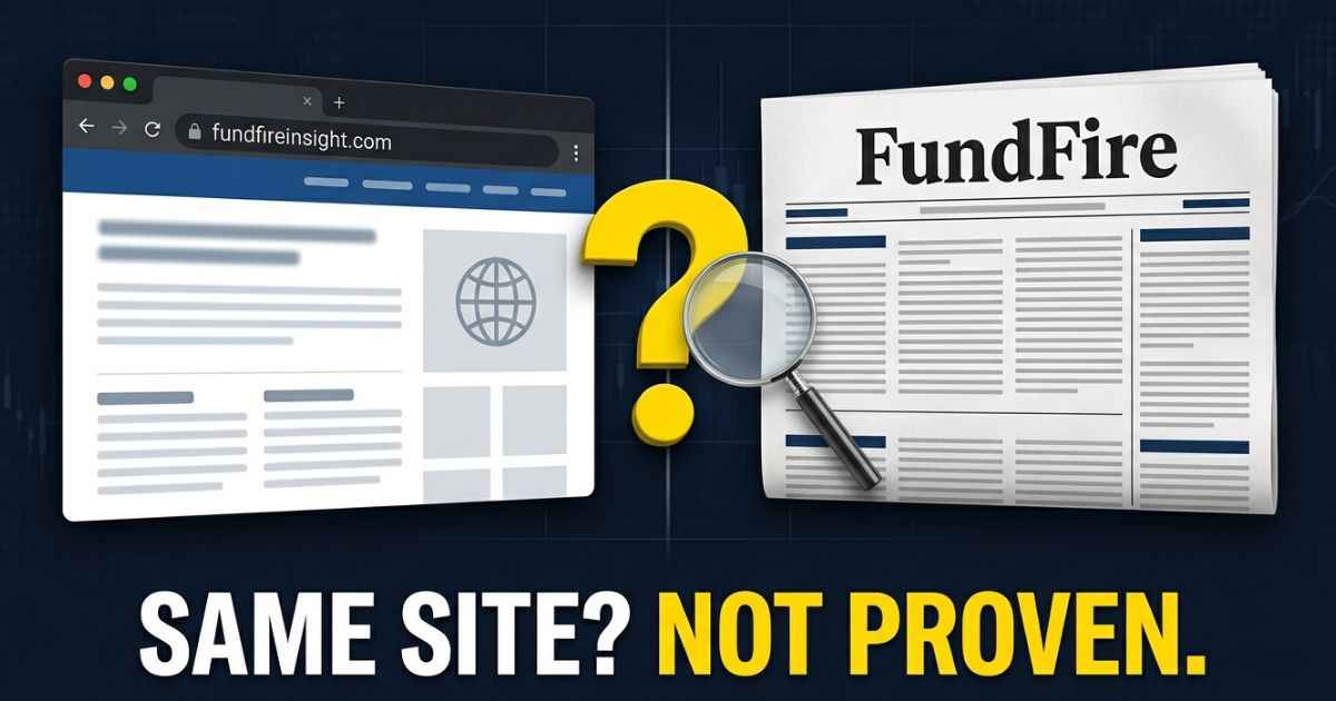 Split-screen comparison of fundfireinsight.com and FundFire with a question mark and magnifying glass showing that their connection is unconfirmed.