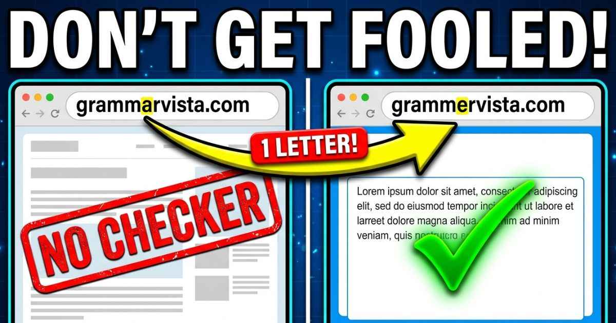 Side-by-side comparison of grammarvista.com, a content site, and grammervista.com, a grammar checker, with the one-letter spelling difference highlighted