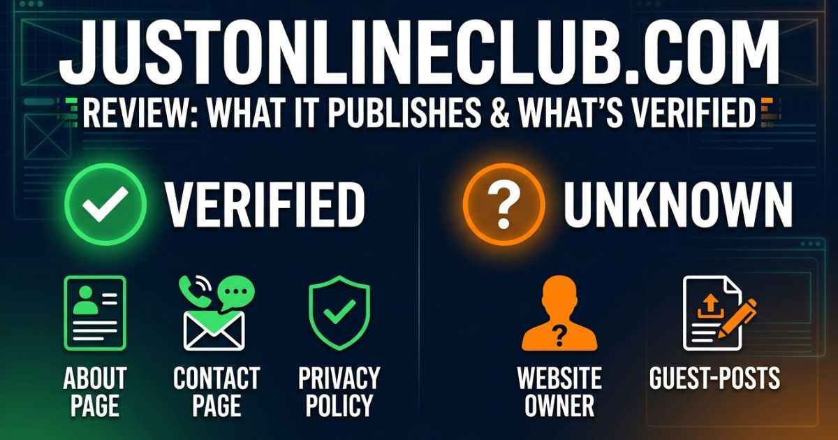 JustOnlineClub.com review graphic showing verified website pages and unconfirmed ownership and guest-post details.