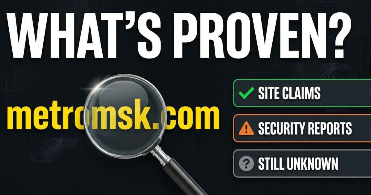 Magnifying glass over the metromsk.com name beside labels for site claims, security reports, and unknown facts.
