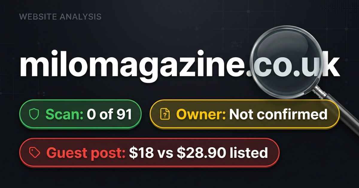 Review card for milomagazine.co.uk showing a scan result, an unconfirmed owner, and two guest post prices.