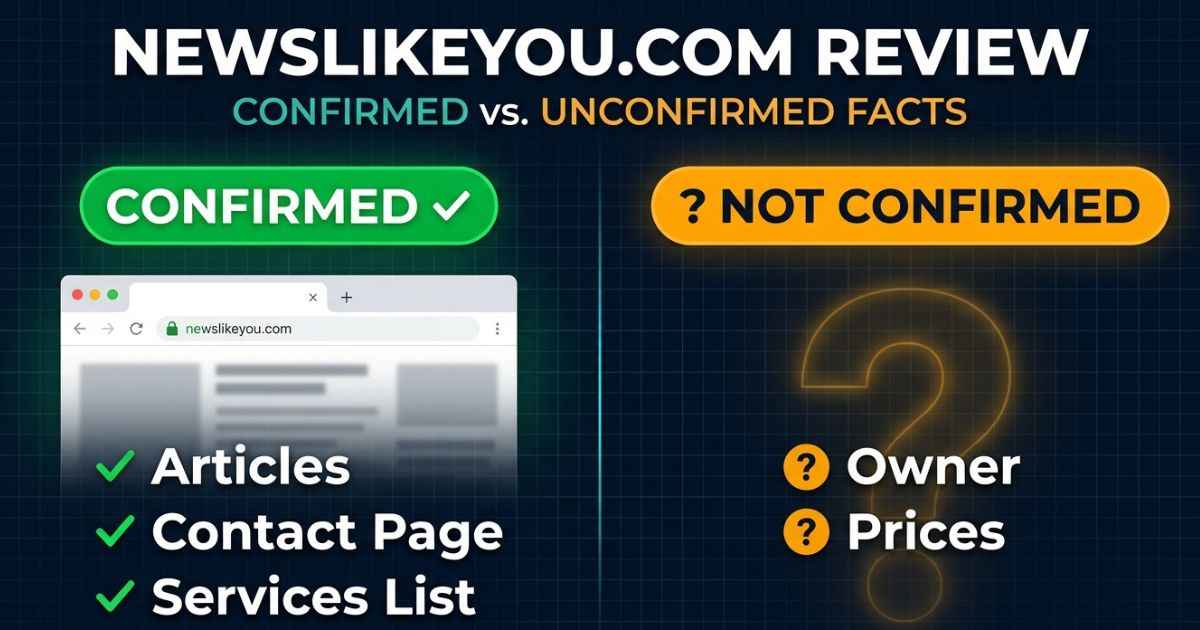 Newslikeyou.com review graphic showing confirmed facts like articles and a contact page next to unconfirmed items like owner and prices.