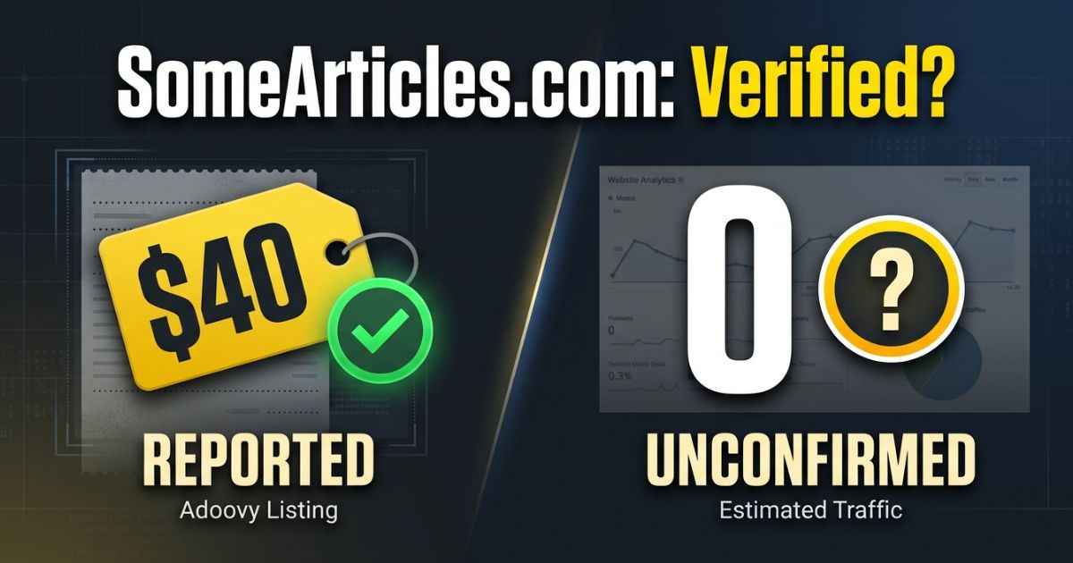 SomeArticles.com review graphic showing Adoovy's reported $40 publishing price and zero estimated traffic marked unconfirmed.