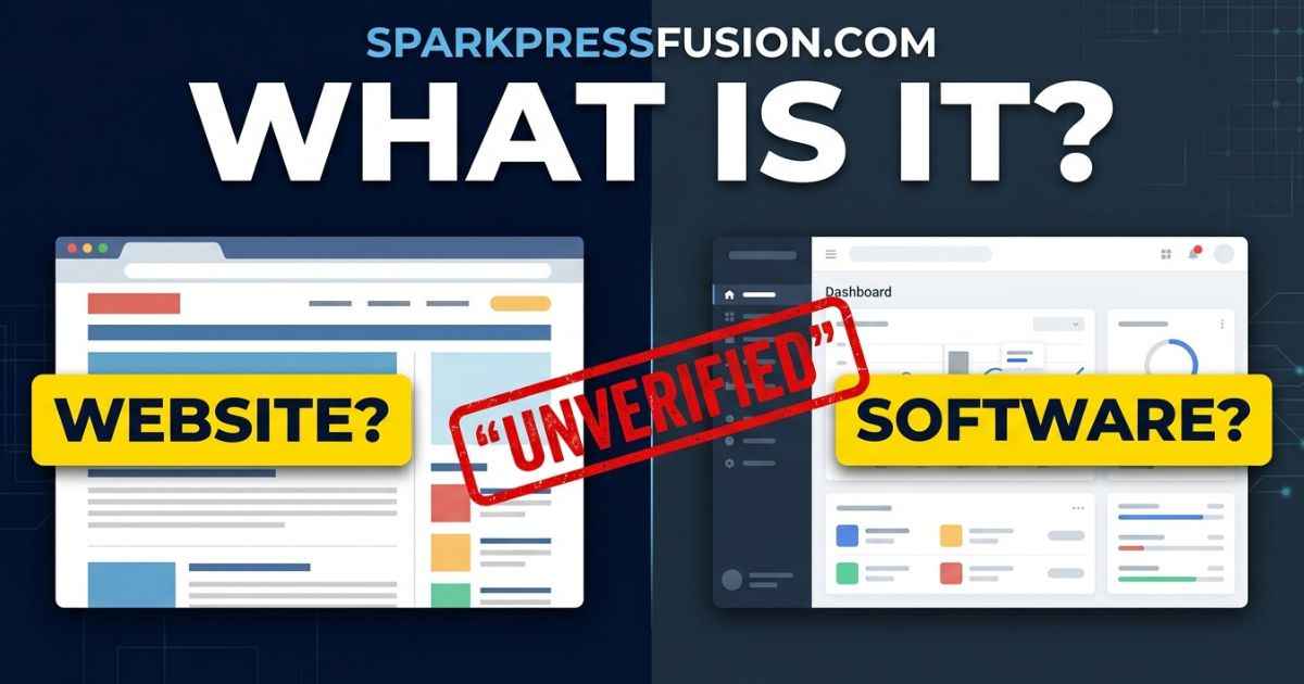 Split-screen graphic comparing a website and software dashboard with an unverified stamp for SparkPressFusion.com.