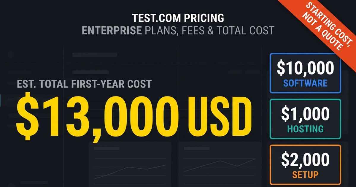 Test.com pricing enterprise plans cost breakdown showing $10,000 USD software, $1,000 USD hosting, and $2,000 USD setup