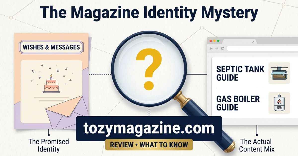 Editorial illustration comparing Tozymagazine.com’s greeting-message focus with its septic tank and gas boiler articles.