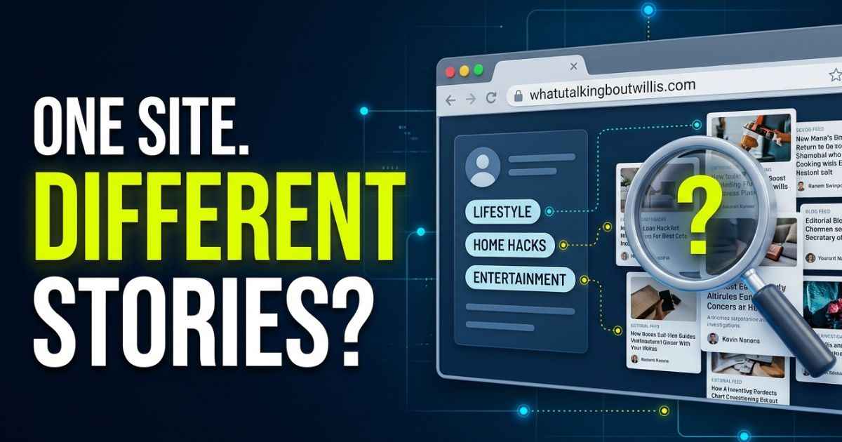 Browser illustration comparing WhatUTalkingBoutWillis.com's stated lifestyle topics with its varied homepage articles and author labels.